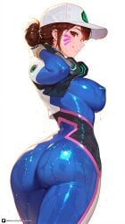 1girl ai_generated alternate_hairstyle artist_name ass bangs baseball_cap blizzard_entertainment blue_bodysuit bodysuit breasts brown_eyes brown_hair cameltoe covered_nipples cowboy_shot d.va d.va_(overwatch) d.va_(overwatch_2_suit) facial_mark from_behind gloves grin hair_bun hat headphones headphones_around_neck large_breasts looking_at_viewer looking_back official_alternate_costume overwatch parted_lips patreon pilot_suit questionable sensitive simple_background single_hair_bun skin_tight smile solo wet wet_clothes whisker_markings white_background
