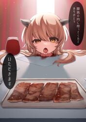 1girl absurdres animal_ears blood blood_stain brown_hair cannibalism commentary_request crying crying_with_eyes_open cup decapitation drinking_glass empty_eyes food guro highres indoors kuzu_shima long_hair looking_at_viewer meat mr._chopped original plate severed_head solo speech_bubble streaming_tears table tears tongue tongue_out translation_request wine_glass