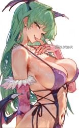 1female 1girls belly_button big_breasts bikini darkstalkers female_only gloves green_eyes green_hair hips klopsiak long_hair midriff morrigan_aensland seductive seductive_look standing succubus sweat wings wings_on_head