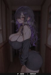 1girl ai_generated blush breasts cleavage dress frenzyai glasses goddess_of_victory:_nikke hair_over_one_eye huge_breasts label_(nikke) long_hair looking_at_viewer multicolored_hair purple_eyes purple_hair solo sweater