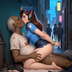 1boy 1girls ai_generated alley cowgirl_position cum_in_pussy cum_inside d.va dark-skinned_male french_kiss grabbing_another's_leg hana_song hand_on_back handcuffs handgun headphones homeless miniskirt night overwatch people_in_background police police_hat police_officer_d.va police_uniform policewoman saliva sitting_on_person trash
