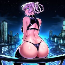 1girl 2026 2d absurd_res absurd_resolution absurdres ai_generated ass ass_focus back bare_shoulders big_ass big_breasts big_penis black_panties black_thighhighs blue_eyes blunt_bangs braid braided_hair_rings breasts building call_of_the_night city city_lights cityscape closed_mouth clothing_cutout crop_top from_behind hair_rings hi_res high_quality high_resolution highres huge_ass image looking_at_viewer looking_back nanakusa_nazuna night night_sky outdoors panties patreon patreon_username purple_hair ringed_eyes shiny_skin sitting sky skyscraper sleeveless sleeveless_turtleneck smile solo star_(sky) starry_sky thighhighs thighs thong turtleneck uncensured underwear uni_gens watermark
