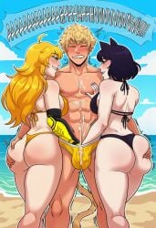 1boy 2girls abs ahoge ai_generated animal_ears ass ass_grab beach bikini biting_own_lip black_bikini black_hair blake_belladonna blonde_hair blush breasts bulge cat_ears cat_girl closed_eyes clothing cum cum_on_body cum_on_breasts day deep_skin ejaculation english_text faunus female ffm_threesome girl_sandwich grabbing grabbing_another's_ass groping group_sex handjob hetero huge_ass large_breasts long_hair male male_swimwear mechanical_arms multiple_girls muscular muscular_male ocean outdoors pectorals penis prosthesis prosthetic_arm purple_eyes purple_lips purple_nails rwby sand sandwiched short_hair single_mechanical_arm sky smile speech_bubble sun_wukong_(rwby) swimsuit tail thick_thighs thong thong_bikini threesome topless_male water yang_xiao_long yellow_bikini yellow_eyes