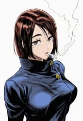 1girls ai_generated arms_at_sides breasts brown_eyes brown_hair busty cigarette clothing curvaceous curvy curvy_figure eyelashes female female_focus female_only from_above high_collar high_resolution highres jacket jujutsu_kaisen jujutsu_tech_uniform large_breasts light-skinned_female light_skin looking_at_viewer looking_up looking_up_at_viewer manga_style mole mole_under_eye mouth_hold murata_yuusuke_(style) parted_lips perky_breasts school_uniform shiny_clothes shoko_ieiri short_hair simple_background smoke smoking solo solo_focus standing three-quarter_view uniform upper_body viewed_from_above white_background
