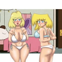 1girls 2girls bare_shoulders bedroom belly_button bikini blonde_female blonde_hair blue_eyes blue_eyeshadow breasts cleavage earrings eyeshadow female female_focus female_only front_view indoors leon_pazchowder light-skinned_female light_skin looking_at_viewer lori_loud milf mother_and_daughter nickelodeon nicktoons panties rita_loud short_hair smile standing teenage_girl teenager the_loud_house