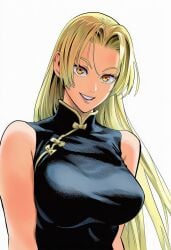 1girls ai_generated arms_at_sides bare_shoulders black_dress blonde_hair breasts busty china_dress chinese_clothes clothing curvaceous curvy curvy_figure dress female female_focus female_only golden_eyes grin happy high_resolution highres jujutsu_kaisen large_breasts light-skinned_female light_skin long_hair looking_at_viewer manga_style mature mature_female murata_yuusuke_(style) parted_lips perky_breasts shiny shiny_clothes shiny_hair shiny_skin simple_background sleeveless sleeveless_dress smile solo solo_focus standing three-quarter_view turtleneck_dress upper_body white_background yellow_eyes yuki_tsukumo