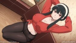 1girl 1girls absurd_res ai_assisted ai_generated anime arms_behind_head ass black_hair black_pantyhose boobs breasts bubble_butt butt cleavage curvaceous curvy curvy_figure earrings gold_hairband hairband high_angle high_resolution highres hourglass_figure huge_ass huge_butt indoors large_breasts light-skinned_female long_hair looking_at_viewer lying midriff on_back pantyhose patreon patreon_logo patreon_username red_eyes red_sweater smile solo spy_x_family thick_thighs thighs tied_sweater underboob veyluna voluptuous wide_hips yor_briar yor_forger