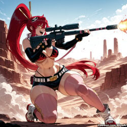 1girl :d ai_assisted ai_generated armpits ass_visible_through_thighs bangs belt bikini bikini_top black_gloves black_shorts blue_sky boots breasts cloud cloudy_sky copyright_name curvaceous curvy curvy_female curvy_figure day elbow_gloves female fingerless_gloves fingernails firing flame_print full_body glint gloves gun hair_ornament hairpin high_ponytail holding holding_gun holding_weapon large_breasts long_hair miyuai navel open_mouth outdoors patreon_logo pink_legwear ponytail red_hair rifle rock scarf short_shorts shorts sidelocks skindentation skull_hair_ornament sky smile smoke sniper_rifle solo solo_focus standing standing_on_one_leg stomach string_bikini striped striped_scarf studded_belt studded_bracelet swimsuit tan tanline teeth tengen_toppa_gurren_lagann thick thick_ass thick_butt thick_hips thick_legs thick_thighs thighhighs thighs underboob very_long_hair voluptuous voluptuous_female water watermark weapon web_address white_footwear wide_hips wide_thighs yellow_eyes yoko_littner