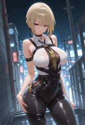 ai_generated big_breasts breasts embarrassed evelyn_chevalier female female_focus female_only fuwako leggings thick thick_ass thick_thighs thighhighs thighs yellow_hair zenless_zone_zero