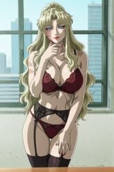 1girls ai_generated anime anime_girl balalaika big_breasts black_lagoon blonde_hair blue_eyes blurry_background bra burn_scar curly_hair garter_belt garter_straps hourglass_figure hourglass_figured_female lingerie lingerie_only long_hair looking_at_viewer milf office_background panties red_lips red_nails red_underwear scar scar_on_breasts scar_on_face scars scars_on_face stockings thick_thighs touching_chin wide_thighs