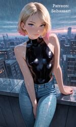 ai_generated blonde_hair blue_eyes blush bodysuit denim erect_nipples erect_nipples_under_clothes glossy gwen_stacy gwen_stacy_(spider-verse) jeans leotard looking_at_viewer mature_female medium_breasts paid_reward_available patreon petite posing raining sebassart sexy shiny_skin sitting small_waist solo spandex sweat sweatdrop thin_waist tight_clothing tight_fit wet