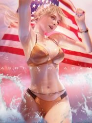 1girl 1girls 2026 3:4 3d absurd_res american_flag armpit armpit_crease armpit_fetish arms_up artist_name ashley_graham ashley_graham_(ella_freya) big_boobs big_breasts bikini biohazard blender blender_(artwork) blonde_female blonde_hair character_name cute dramatic_lighting earings female female_focus female_only film_grain hakkux looking_at_viewer platinum_blonde_hair resident_evil resident_evil_4 resident_evil_4_remake swimsuit swimwear text twintails waist_chain watermark