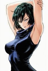 1girls ai_generated arm armpit_fetish armpit_pose armpits arms_up black_hair breasts busty clothing covered_erect_nipples curvaceous curvy curvy_figure dress erect_nipples_under_clothes female female_focus female_only fetish green_hair high_resolution highres jujutsu_kaisen large_breasts light-skinned_female light_skin looking_at_viewer manga_style medium_breasts murata_yuusuke_(style) nipple_bulge perky_breasts shiny shiny_clothes shiny_hair shiny_skin short_hair simple_background sleeveless sleeveless_dress smile smooth_armpits solo solo_focus standing three-quarter_view turtleneck_dress upper_body white_background yellow_eyes zenin_mai