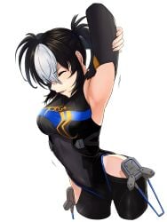 1girl armpit_fetish armpits artist_request hip_windows mayumi_hashimoto multicolored_hair persona persona_5 persona_5:_the_phantom_x phantom_thief_suit race_queen skintight_bodysuit streaked_hair twintails white_streak_hair