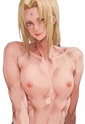 1boy ai_generated aidontknow androgynous blonde_hair femboy flat_chest forehead_mark genderswap_(ftm) lipstick long_hair looking_at_viewer mature muscular naruto_(series) naruto_shippuden nipples nude otoko_no_ko rule_63 seductive_smile sexy simple_background sweat toned trap tsunade tsunade_(naruto) upper_body voluptuous white_background yaoi
