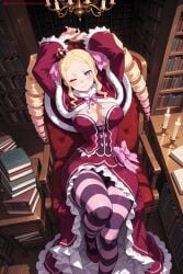 1girl ai_generated arms_up beatrice_(re:zero) blonde_hair blue_eyes blush book bookshelf breasts capelet chair cleavage crown dress drill_hair fur_trim granblue_fantasy hair_ribbon hi_res high_quality high_resolution kiraamane large_breasts long_hair long_sleeves looking_at_viewer mini_crown one_eye_closed pantyhose patreon ribbon seductive sexy sitting solo striped striped_legwear symbol-shaped_pupils twin_drills uncensored watermark