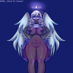 alone angel_wings big_ass big_breasts boobs emily_(hazbin_hotel) exposed_breasts exposed_pussy hazbin_hotel lifting_dress nude_female purple_eyes sky vagina white_hair