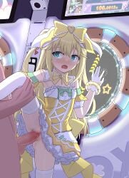 1boy 1girl absurdres blonde_hair blue_eyes blush bow breasts detached_sleeves dress fujisawa_yuzu gloves hetero highres leg_lift long_hair maimai_(game) no_panties non-web_source ongeki open_mouth penis pussy revision ribbon self-upload sex sillyprim small_breasts solo_focus spread_legs sweat thighhighs uncensored vaginal white_gloves yellow_bow yellow_ribbon