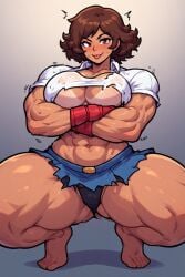 1girls abs ai_generated big_breasts black_panties blue_skirt collared_shirt crossed_arms dark-skinned_female feet fighter gloves muscular_female muscular_thighs red_gloves shiny_skin skirt sweat sweaty_body tanline thick_thighs tomboy underboob white_shirt
