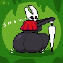 1girls animated ass ass_focus back_view black_skin bug bug_girl cloak female_only gif hollow_knight hollow_knight:_silksong hollow_knight_(franchise) hornet_(hollow_knight) huge_ass naked needle nude octotron2000 pixel_art self_upload shortstack solo solo_female text thick_thighs twerking wide_hips