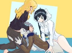 3girls abstract_background blonde_hair blowjob blush blush_lines blushing boobs bow breasts breasts_out closed_eyes clothed clothed_sex clothes dark_blue_hair dice dice_hair_ornament fellatio futanari gift_art glasses head_grab heterochromia jacket jeans open_clothes open_eyes open_jacket open_shirt rndmpornart rndmpornart_(oc) shirt simple_background spitroast star tagme threesome twitter twitter_link twitter_user_oc twitter_username vaginal_penetration yellow_hair