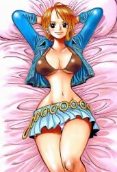 1girls accurate_art_style accurate_body_type arm arms_behind_head arms_up bed bed_sheet belt bikini bikini_top bikini_top_only black_eyes blue_jacket blue_skirt blush bra breasts busty cleavage clothing curvaceous curvy curvy_figure denim denim_jacket eiichiro_oda_style feet_out_of_frame female female_focus female_only from_above groin high_resolution highres hourglass_figure jacket large_breasts light-skinned_female light_skin linea_alba long_sleeves looking_at_viewer looking_up looking_up_at_viewer lying manga_style microskirt midriff miniskirt nami_(one_piece) navel official_style on_back on_bed one_piece open_clothes open_jacket orange_hair panchira pantsu pillow pleated_skirt rings shiny shiny_clothes shiny_hair shiny_skin short_hair skirt slender_waist smile solo solo_focus swimsuit thighs underboob underwear viewed_from_above white_panties white_underwear wide_hips
