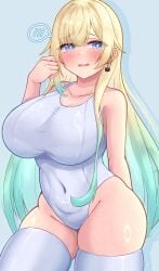 adjusting_hair aizawa_ema curvy embarrassed gigantic_breasts hyper looking_at_viewer one-piece_swimsuit open_mouth skindentation spoken_blush thick_thighs virtual_youtuber voluptuous vspo! white_swimsuit white_thighhighs wide_hips
