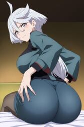 1female 1girl 1girls 2026 ahoge ai_generated ass ass_focus asticassia_school_uniform back-seamed_legwear bangs big_ass big_breasts black_pantyhose blush breasts curvy from_behind grey_eyes grey_hair gundam hair_between_eyes hi_res high_quality high_resolution highres huge_ass huge_breasts jacket large_breasts long_hair long_sleeves looking_at_viewer looking_back miorine_rembran mobile_suit_gundam pantyhose pantyhose_under_shorts school_uniform seamed_legwear shorts sitting solo unjobdespiert