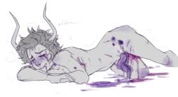 1boy after_ejaculation after_orgasm alien alien_humanoid artist_request blush blush_lines blushing bodily_fluids bodily_fluids_drip bodily_fluids_on_penis body_blush cum cum_on_body cum_on_face cumshot dialog dialogue eyebrows gamzee_makara gray_body gray_skin grey_body grey_skin hair half-closed_eyes hickey hickey_marks homestuck homestuck_troll horns humanoid humanoid_hands male male_only monochrome ms_paint_adventures naked naked_male no_artist_signature penile purple_penis raised_leg sharp_teeth short_hair solo solo_male teeth teeth_showing tentacle_penis twink