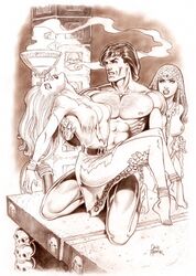 1boy 2girls breasts closed_eyes dave_hoover female human jane_porter knife male monochrome nipples straight tarzan tarzan_(character)