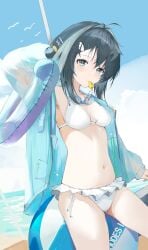 1girl absurdres ahoge arknights ball_(object) beach beach_ball bikini blue_sky breasts cloud goggles goggles_around_neck hair_ornament hairclip highres inflatable jacket jacket_over_swimsuit la_pluma_(arknights) la_pluma_(summer_flowers)_(arknights) long_sleeves looking_at_viewer medium_breasts mouth_hold navel ocean official_alternate_costume on_ball open_clothes open_jacket pool_ring pool_toy short_hair sitting sitting_on_ball sitting_on_beach_ball sky solo summer swim_ring swimsuit whistle whistle_in_mouth white_bikini