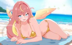 1girls ass beach big_ass bikini blue_eyes breasts female female_focus female_only gold_bikini golden_bikini golden_week hispanic_virtual_youtuber kotori_hikari latam_virtual_youtuber light-skinned_female light_skin long_hair looking_at_viewer pink_hair thighs two-tone_hair vtuber