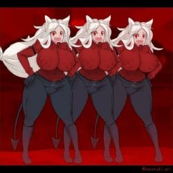 3girls cerberus_(helltaker) dancing hataraki_ari helltaker huge_ass huge_breasts nipple_bulge shared_senses suit tagme thick_thighs video