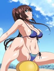 ball_(object) beach beach_ball bikini blue_bikini blue_sky bounce bouncing bouncing_on_ball bouncing_on_beach_ball breasts brown_hair busty cloud compressed day erect_nipples erect_nipples_under_clothes exercise exercising female female_focus high_ponytail inflatable kirasaka_sayaka kororofu large_breasts looking_at_viewer nipple_visible_through_clothes on_ball outdoors pool_toy ribbon sand sitting sitting_on_ball sitting_on_beach_ball squish squishing strike_the_blood summer thick_thighs