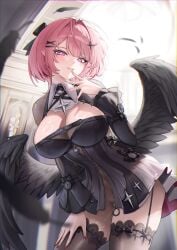 1girl absurdres black_bow black_dress black_feathers black_shrug black_thighhighs black_wings blush bottomless bow breasts chromatic_aberration cleavage commentary_request cowboy_shot cum cum_in_pussy dress feathered_wings feathers fingernails hair_bow hair_intakes hand_on_own_thigh hand_up highres indoors kmos large_breasts leaning_forward long_fingernails long_hair long_sleeves looking_at_viewer low_wings md5_mismatch nail_polish navel paid_reward_available parted_lips partial_commentary partially_unzipped pink_eyes pink_hair pointy_ears red_nails remielle_dan short_dress shrug_(clothing) sidelocks smile solo source_mismatch stomach thighhighs thighs wings zenless_zone_zero