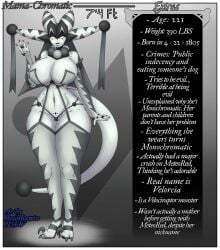 black_and_white black_lipstick breasts_bigger_than_head character_profile horns lipstick monochrome oc original_character rawtz_(brainrawtz) taller_female thick_thighs velociraptor white_eyes white_skin