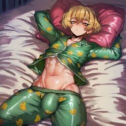 1boy 2d 2d_(artwork) 2d_artwork abs ai ai-created ai_art ai_assisted ai_generated bulge bulge_through_clothing cant_sleep light-skinned_male light_skin limbus_company male male_focus male_only pajamas project_moon sinclair_(limbus_company) solo solo_focus solo_male violatingvogel