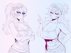 2girls annoyed_expression annoyed_female arms_crossed bimbo cs3kv2 hips jecka_(class_of_'09) large_breasts medium_breasts nicole_(class_of_'09) side_view sketch wide