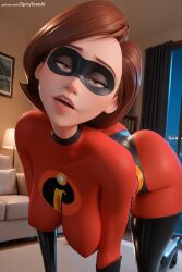 1girl ai_generated bodysuit breasts brown_eyes brown_hair domino_mask helen_parr hi_res high_quality high_resolution indoors latex lips looking_at_viewer mask open_mouth patreon seductive sexy short_hair solo spicytoonai superhero teeth the_incredibles tongue uncensored watermark