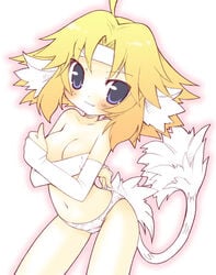 animal_ear blonde_hair blue_eyes blush breast_hold breasts cleavage covering cute_fang elbow_gloves gloves gust mana_khemia nicole_mimi_tithel panties short_hair tail topless underwear white_panties