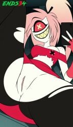 2026 ai_generated cherri_bomb cherri_bomb_(hazbin_hotel) ends34 female female_only hazbin_hotel medium_breasts pink_hair selfie sharp_teeth smile torn_clothes