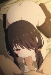 1boy1girl ai_generated amber_eye bedroom_sex being_fucked black_hair blushing braided_hair butt buttocks clock_eye collarbone date_a_live fellatio ffin_(artist) fully_nude hair_between_eyes hair_over_one_eye kneeling medium_breasts nipples nude_female red_eye sex_on_bed sucking_penis tokisaki_kurumi