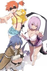 3girls bare_shoulders bikini blindfold blue_eyes blue_hair blush braid breasts brown_cape cape collarbone crossed_bangs denim denim_shorts foreshortening frilled_bikini frills gen_1_pokemon gridman_universe hair_between_eyes highres holding holding_staff jacket kasumi_(pokemon) large_breasts looking_at_viewer medium_hair midriff misty_(pokemon) mushoku_tensei navel nintendo off_shoulder partially_unzipped pointing pokemon pokemon_(anime) pokemon_(classic_anime) pokemon_(creature) pokemon_rgby psyduck purple_hair purple_jacket rauto red_eyes red_hair roxy_migurdia scorpion_tail shinjou_akane short_hair short_shorts shorts side_ponytail simple_background small_breasts smile solo ssss.gridman staff stomach suspender_shorts suspenders swimsuit tail tank_top twin_braids white_background white_bikini