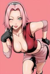 1girls ai_generated cleavage green_eyes naruto_(series) pink_hair sakura_haruno short_hair solo solo_female tagme