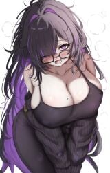 aroused blush cleavage curvy drool goddess_of_victory:_nikke huge_breasts in_heat label_(nikke) naughty_face nipple_bulge open_mouth smile teeth