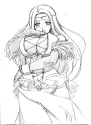 1girls ar_tonelico ar_tonelico_i blush breasts claire_branch cleavage clothing female gust large_breasts long_hair mole mole_under_mouth monochrome navel nipples sketch solo