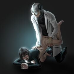 anime breasts breasts_out brown_hair clothed clothed_sex commission crying_female crying_while_penetrated crying_with_eyes_open doctor doggy_style forced forced_sex franken_stein gray_eyes gray_hair grey_hair partially_clothed passive_female professor pubic_hair riza_henderson selfship selfshipping sex silver_hair soul_eater stein straight tied_hands yumeship yumeshipping