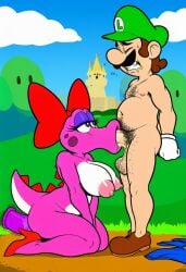 1boy 1girls ai_generated anthro balls belly birdo blowjob body_hair bow bow_on_head breasts chest_hair clouds dildo dildo_in_anus dinosaur duo eyelashes eyes_closed female furry genitals gloves green_hat hat high_heels interspecies kneeling light-skinned_male light_skin luigi male male/female male_nipples mammal mario_(series) mature mature_female mature_male nintendo nipples nude nude_female nude_male oral oral_sex outdoors penis penis_in_mouth pink_skin pubic_hair red_bow reptile scalie sex standing straight straight_sex tail testicles white_gloves