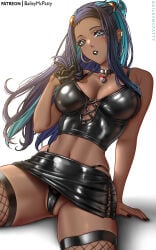 1girl alternate_costume artist_name baileymcpatty black_collar black_gloves black_hair black_nails black_panties black_skirt black_vest blue_eyes blue_eyeshadow breasts collar dark-skinned_female dark_skin earclip earrings eyelashes eyeshadow fishnet_thighhighs fishnets gloves hand_up highres hoop_earrings jewelry large_breasts leaning_back long_hair makeup miniskirt multicolored_hair nail_polish navel nessa_(pokemon) panties pokemon pokemon_sword_and_shield sidelocks single_glove sitting skirt solo thighhighs two-tone_hair underwear vest white_background