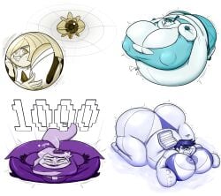 4girls ball_(object)_transformation bayonetta compressed cosmoem flattened flattening_fetish game_freak gameoverse inanimate_transformation inflatable_transformation inflated_belly inflation lara_croft lusamine_(pokemon) miss_information_(gameoverse) nintendo noh-buddy pancake_flattened platinum_games pokemon pokemon_sun_and_moon pooltoy_transformation spherification